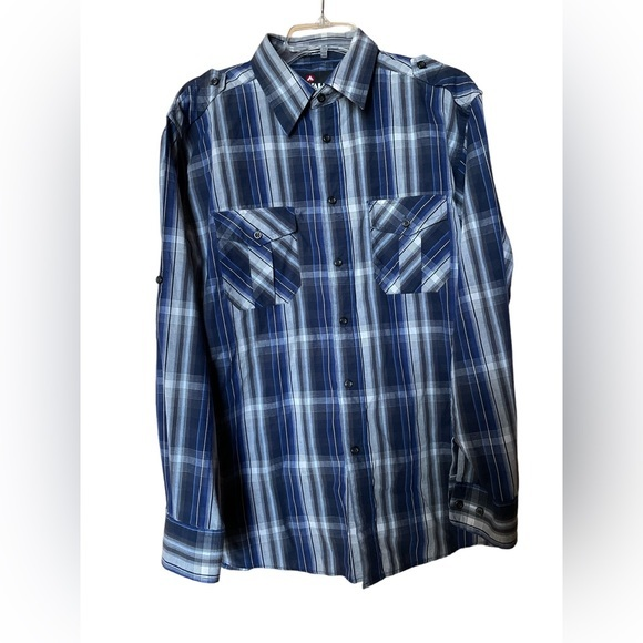 Airwalk Men’s Plaid‎ Button Down Shirt Roll Tab Sleeves Blue Black Grey Large - Picture 1 of 8